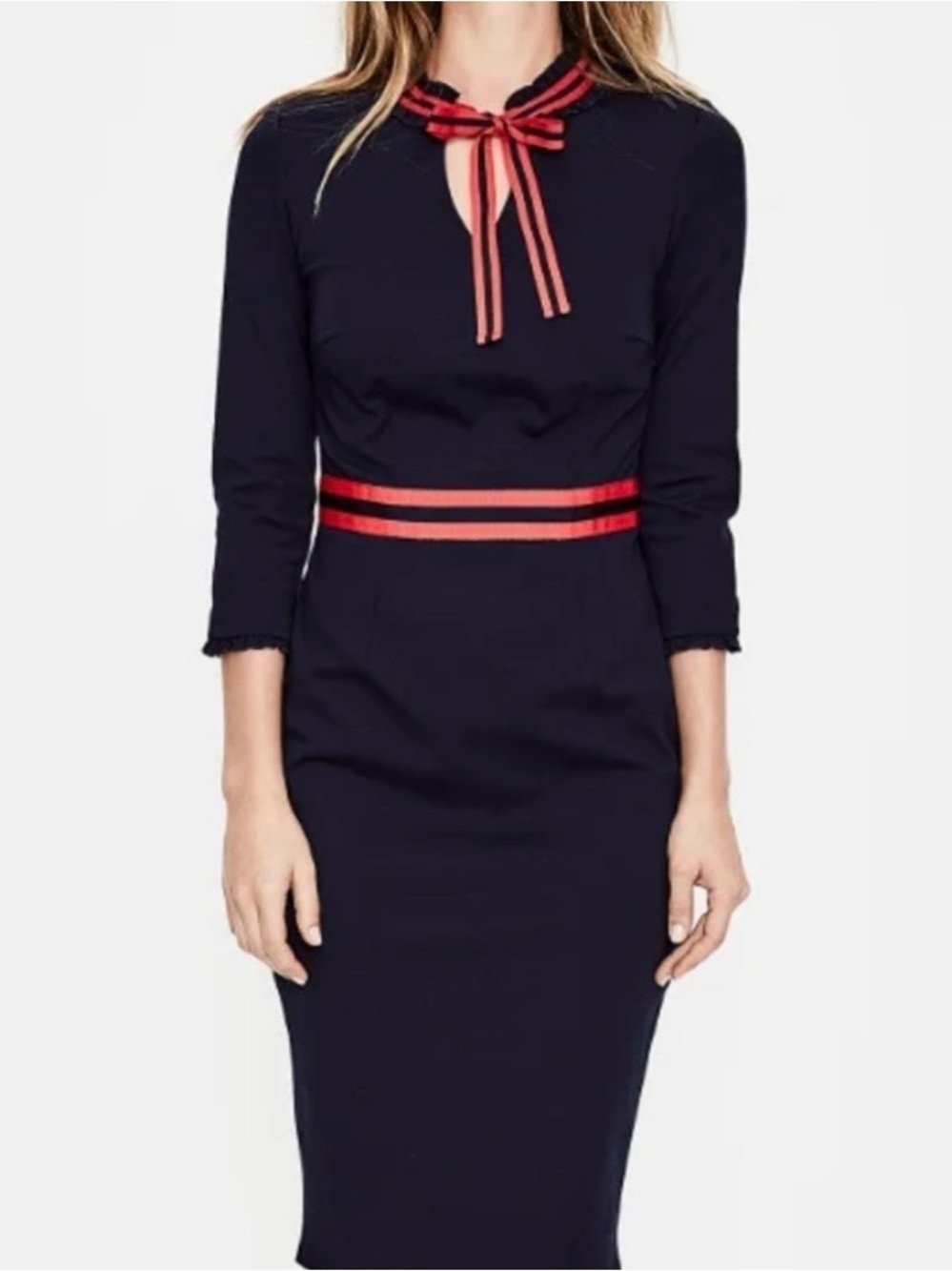 Boden Navy Sheath Dress with Red Ribbon Trim